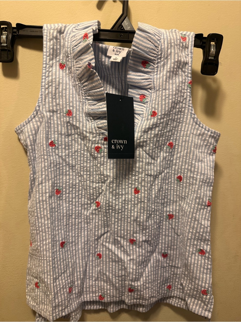 NEW. Crown & Ivy Blue Stripe Ruffle Sleeveless Top with Strawberry Embroidery